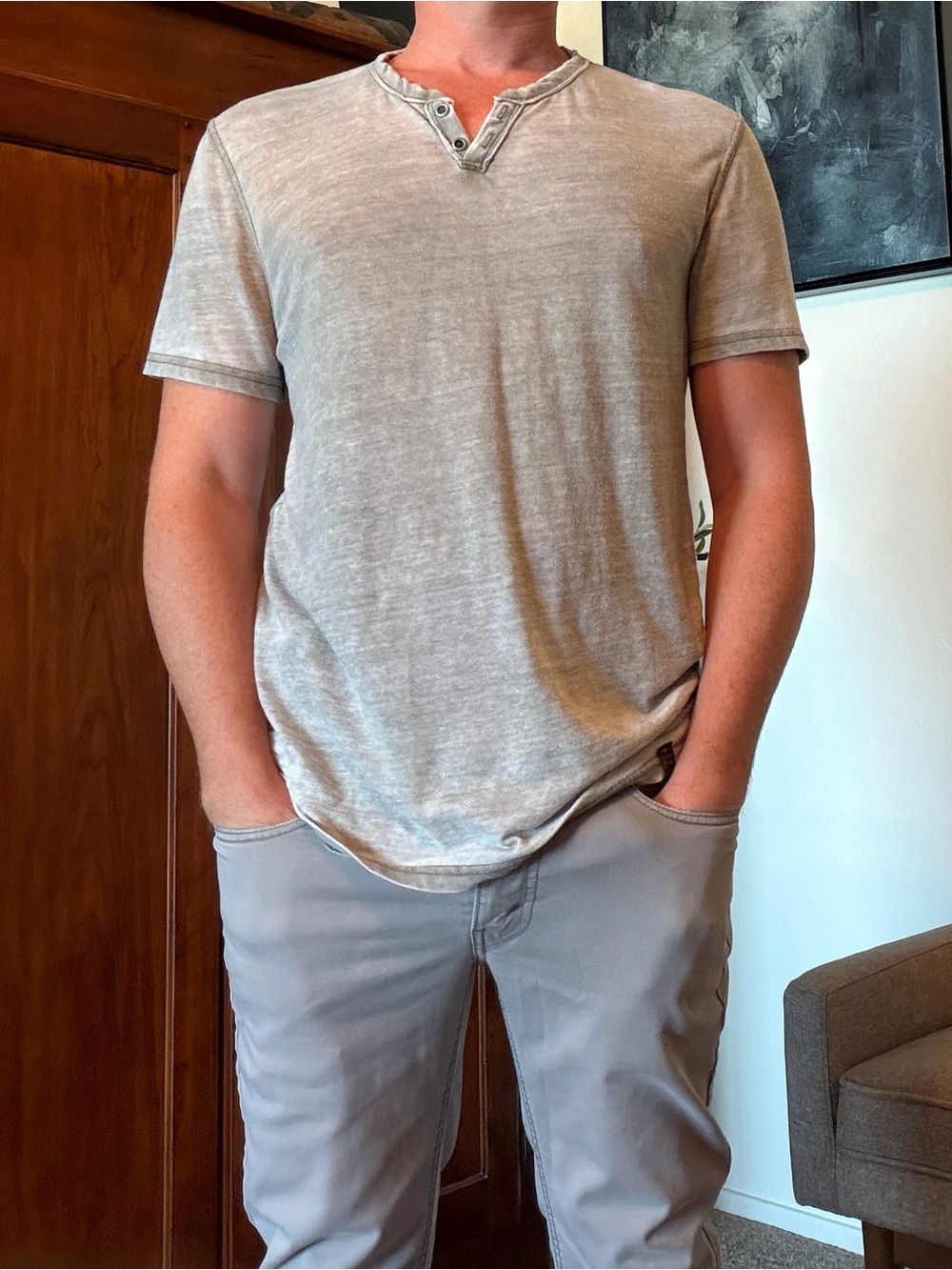 Lucky Brand Men's Short Sleeve Henley in Light Grey - Size Medium